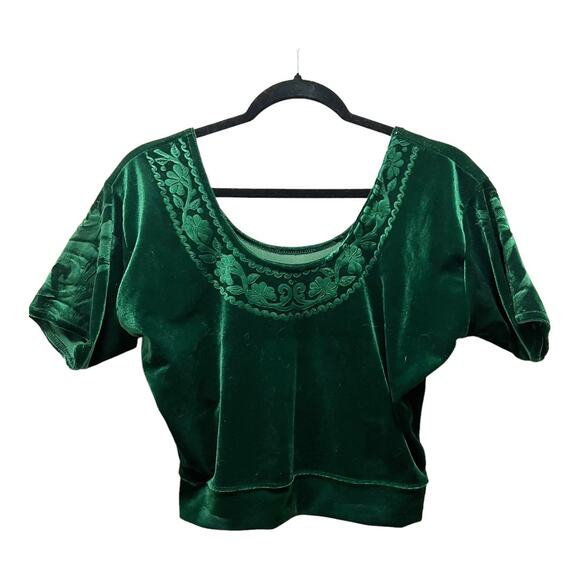 Vintage Green Velvet Crop Top Blouse Embroidered Floral Neck Short Sleeve Sz M - Picture 1 of 4
